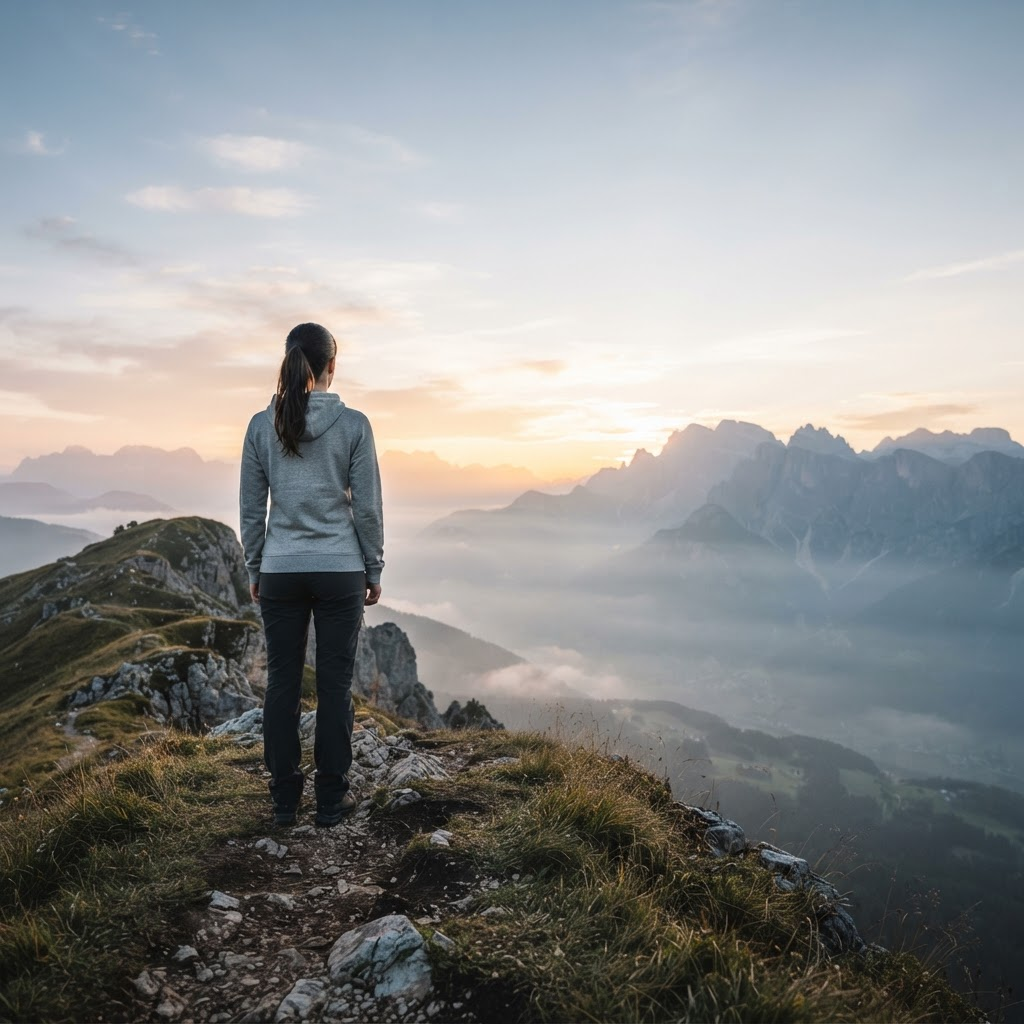 A person looking out toward mountains at sunrise