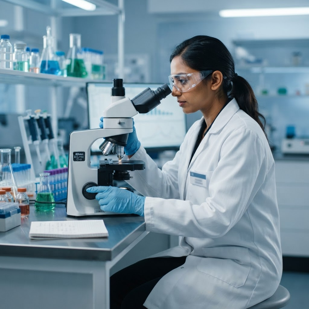 A qualified laboratory scientist working with a research microscope